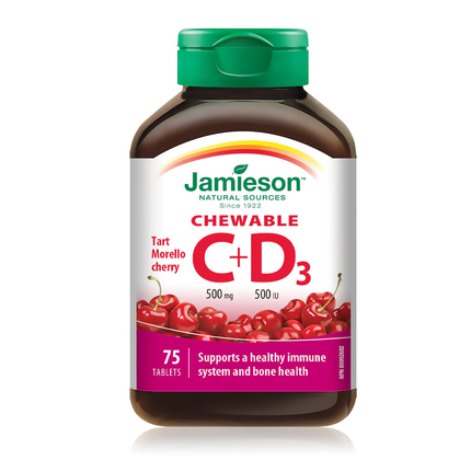 Jamieson - Chewable VItamin C 500 mg + Vitamin D3 500 IU - Tart Morello Cherry | 75 Tablets