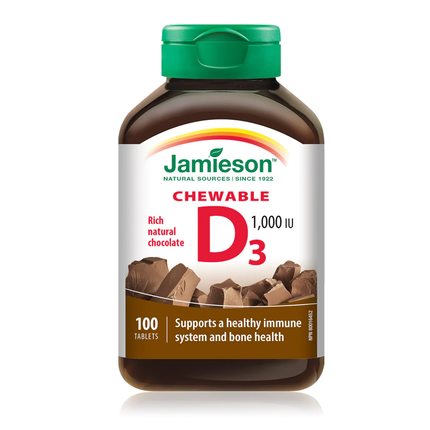 Jamieson - Chewable Vitamin D3 1000 IU - Rich Natural Chocolate | 100 Tablets